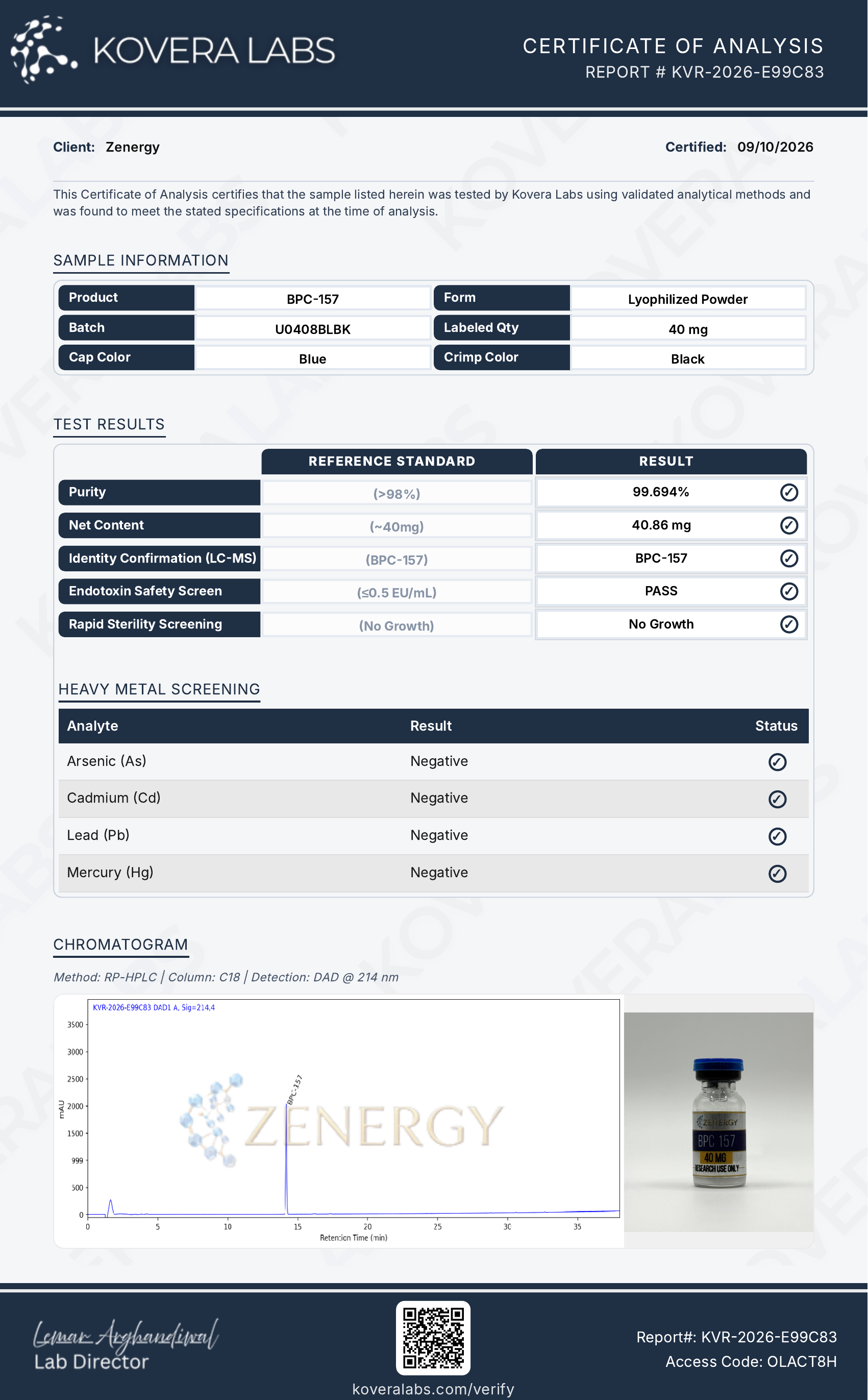 Certificate preview, Kovera Labs, Freedom Diagnostics